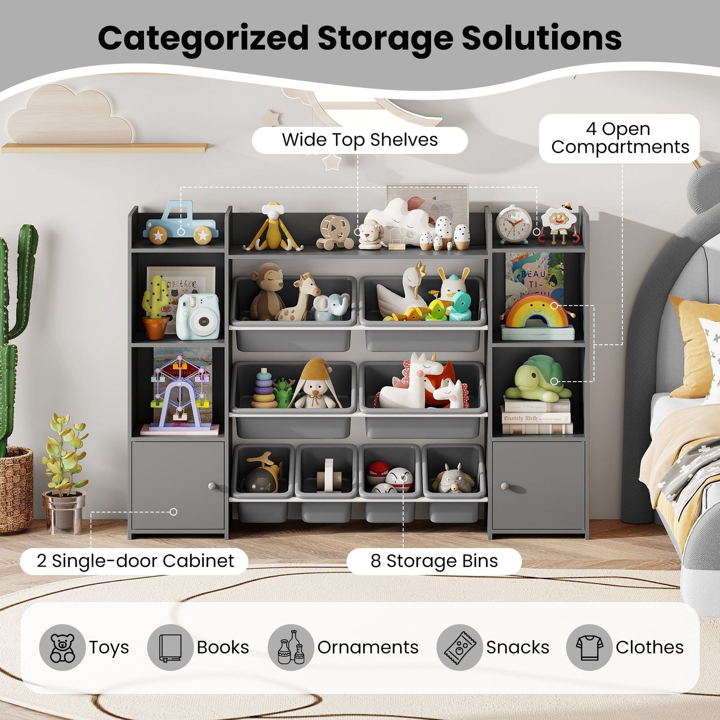 56 inch Large Toy Storage Organizer with 8 Removable Bins and Bookshelf