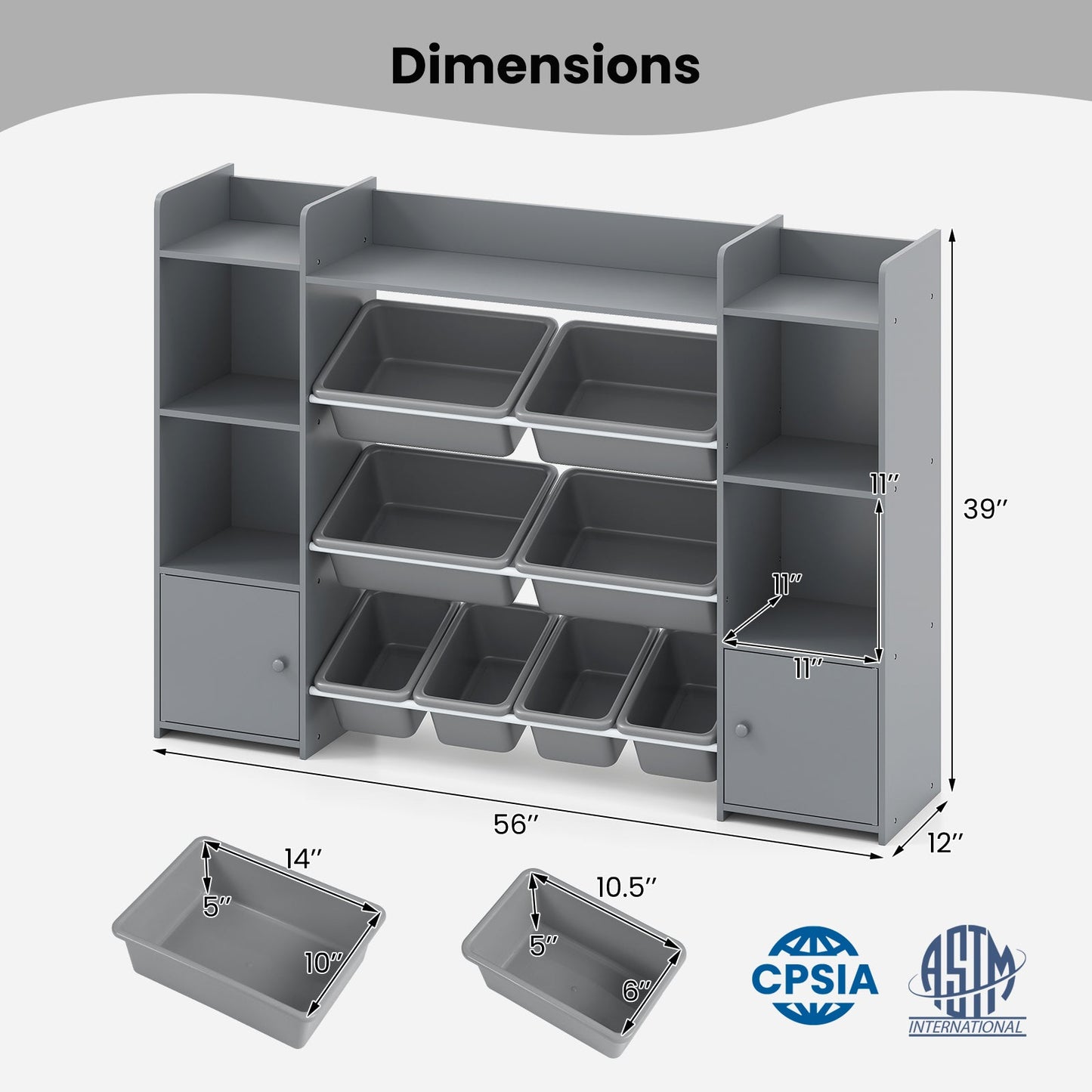 56 inch Large Toy Storage Organizer with 8 Removable Bins and Bookshelf