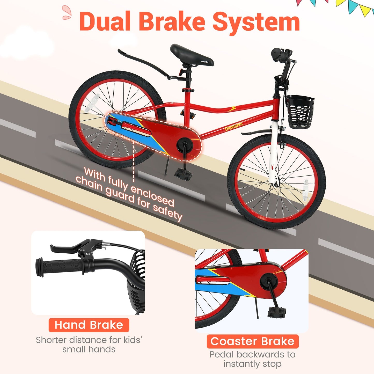 20 Inch Kids Bike Adjustable with Kickstand and Storage Basket for Aged 8+ Years