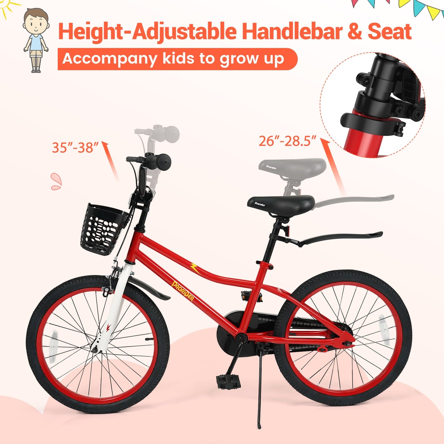 20 Inch Kids Bike Adjustable with Kickstand and Storage Basket for Aged 8+ Years