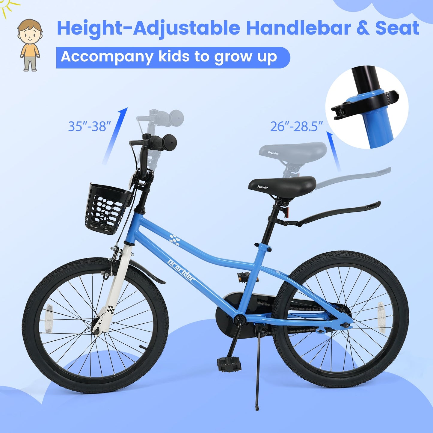 20 Inch Kids Bike Adjustable with Kickstand and Storage Basket for Aged 8+ Years