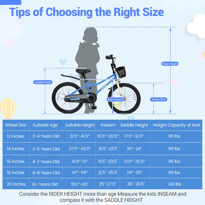 20 Inch Kids Bike Adjustable with Kickstand and Storage Basket for Aged 8+ Years