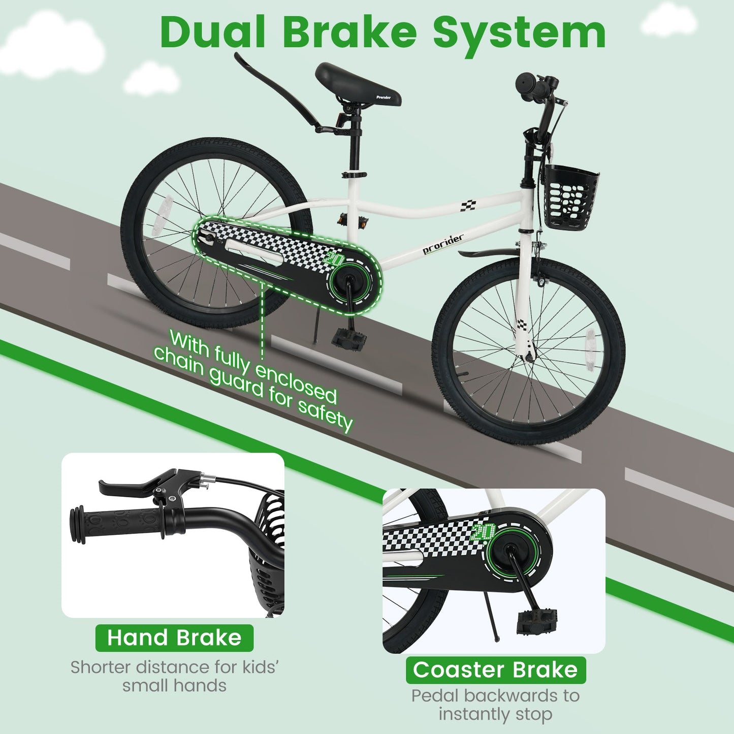 20 Inch Kids Bike Adjustable with Kickstand and Storage Basket for Aged 8+ Years