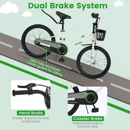 20 Inch Kids Bike Adjustable with Kickstand and Storage Basket for Aged 8+ Years