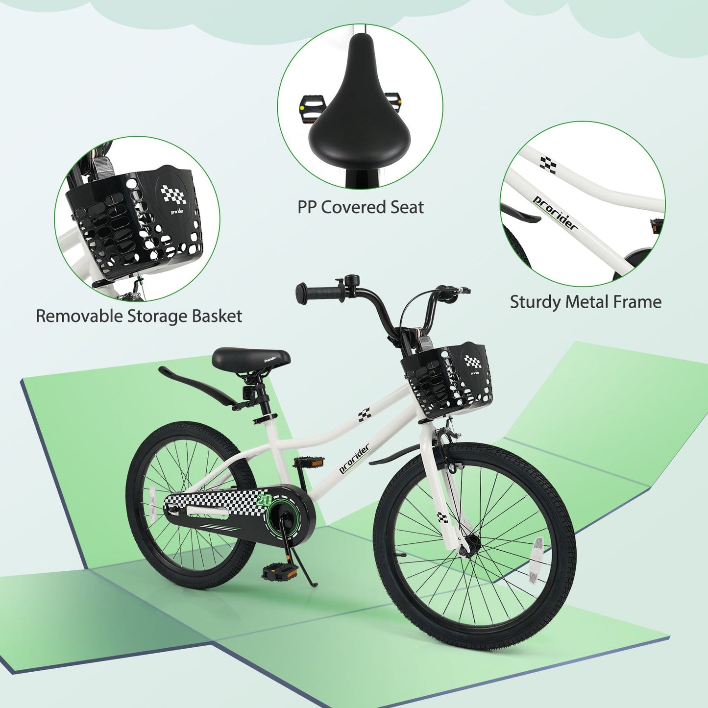 20 Inch Kids Bike Adjustable with Kickstand and Storage Basket for Aged 8+ Years