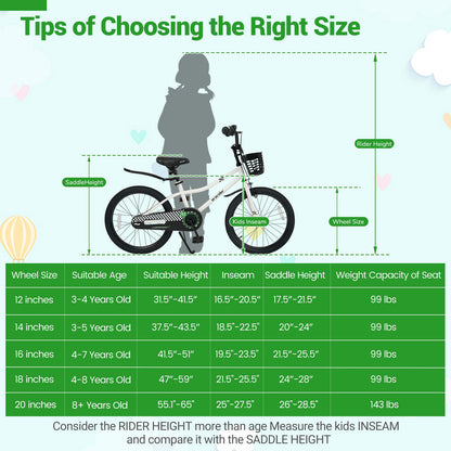 20 Inch Kids Bike Adjustable with Kickstand and Storage Basket for Aged 8+ Years
