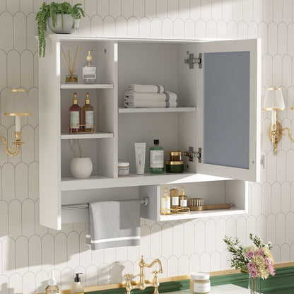 Wall Mount 2 In 1 Mirror Cabinet With Adjustable Shelves, Open Storage, For Bathroom Vanity - White