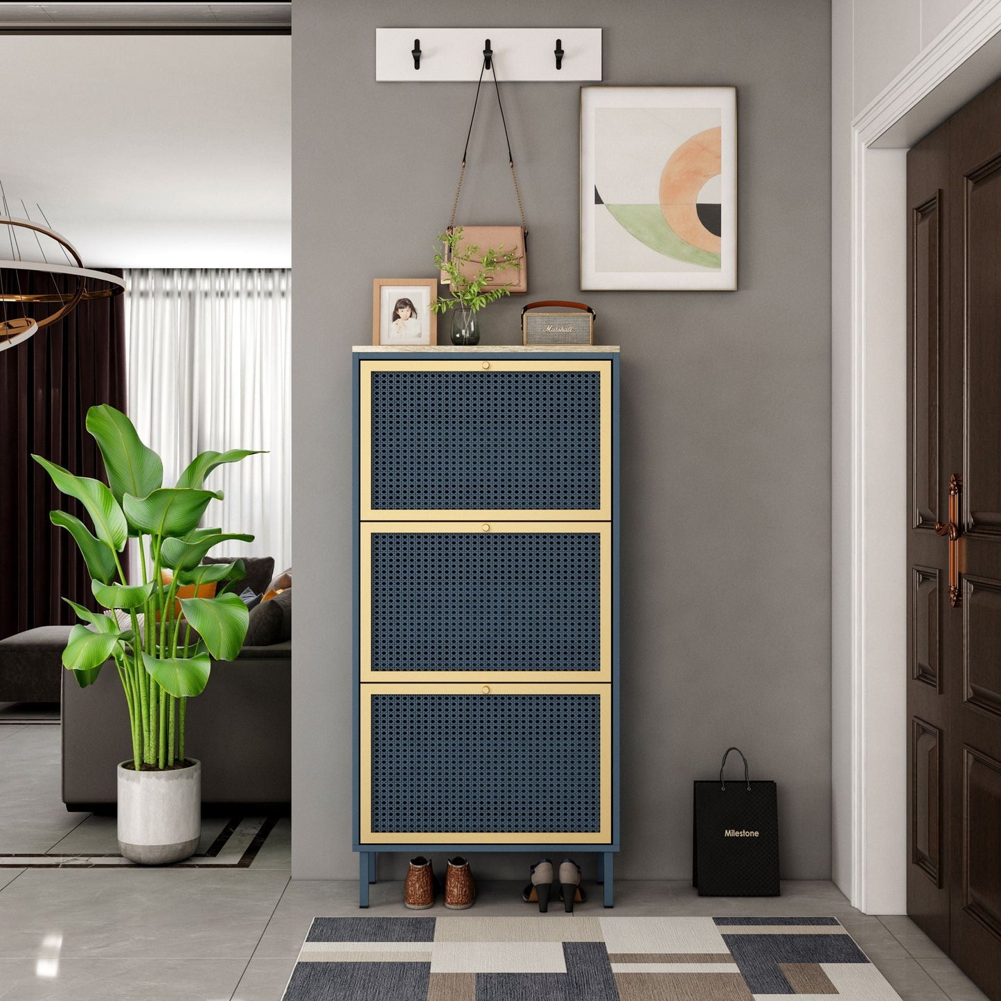 Modern Rattan 3 Door Shoe Rack Cabinet for Entryway
