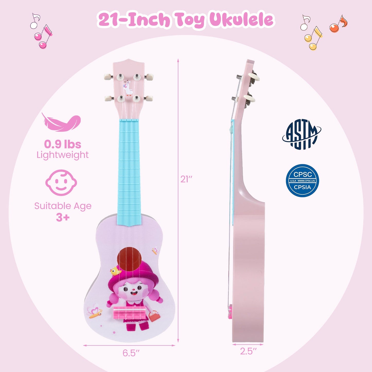 21 Inch Children Mini Ukulele with 4 Nylon Strings and 12 Frets