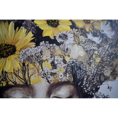 Floral Beauty Lady Canvas Wall Art | Gold & White Framed Print for Bedroom & Living Room — 24×24 Inch