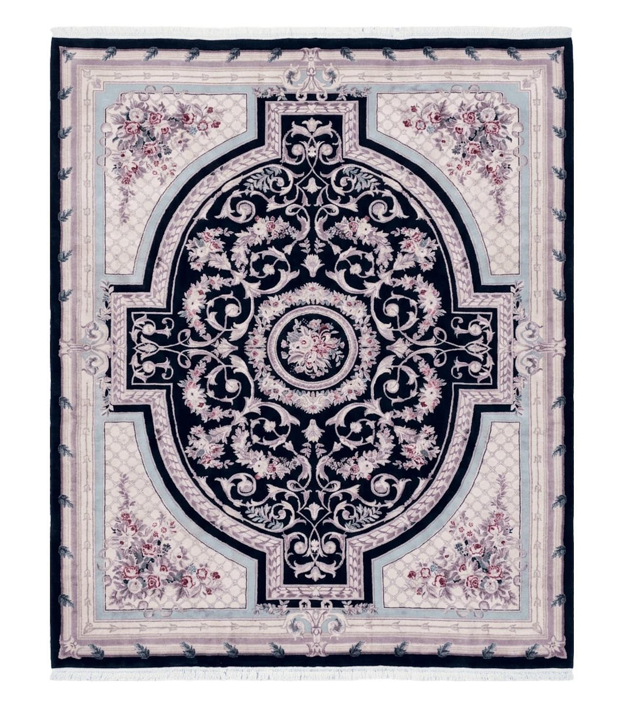 8x10 Aubusson Rug, Fine Hand Knotted Wool Carpet, French European Design, Black & Ivory