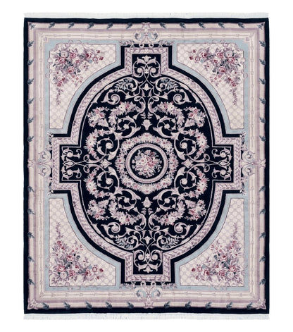 8x10 Aubusson Rug, Fine Hand Knotted Wool Carpet, French European Design, Black & Ivory