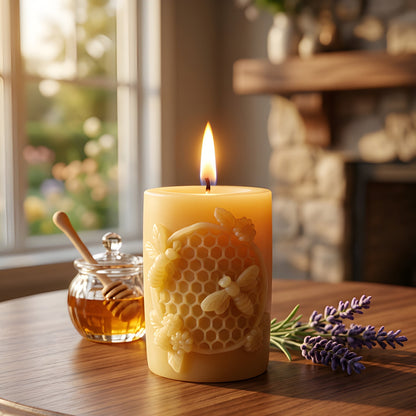 Golden Hivelet Beeswax Pillar Candle Beehive Inspired