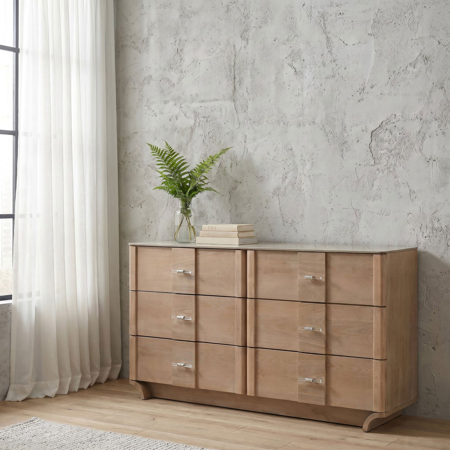 Leanne 6-drawer Sinter Stone Top Dresser Cabinet Light Oak