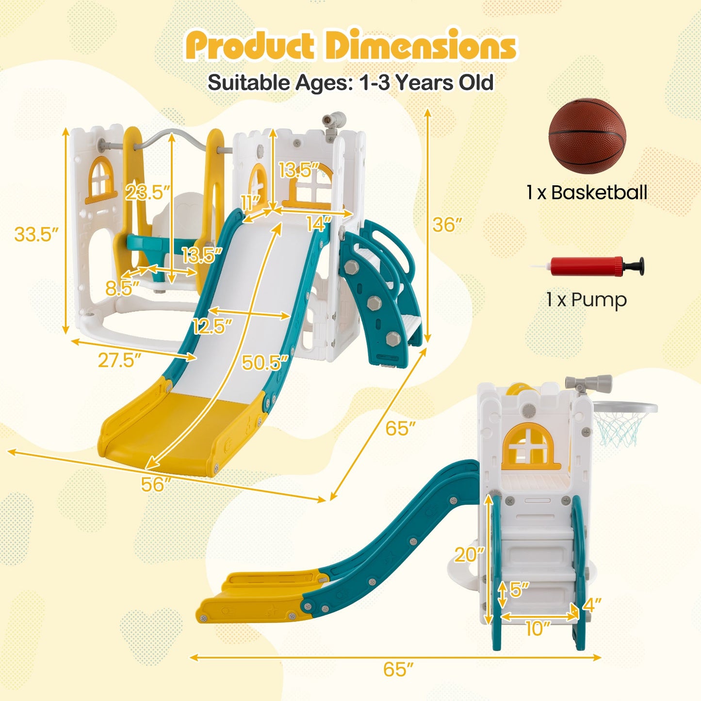 7-in-1 Toddler Swing and Slide Set L-shaped with Ladder and Basketball Hoop