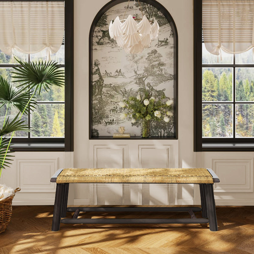 Farmhouse Modern Solid Wood Rattan Bench - 59 Inch