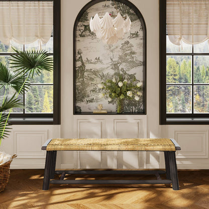 Farmhouse Modern Solid Wood Rattan Bench - 59 Inch