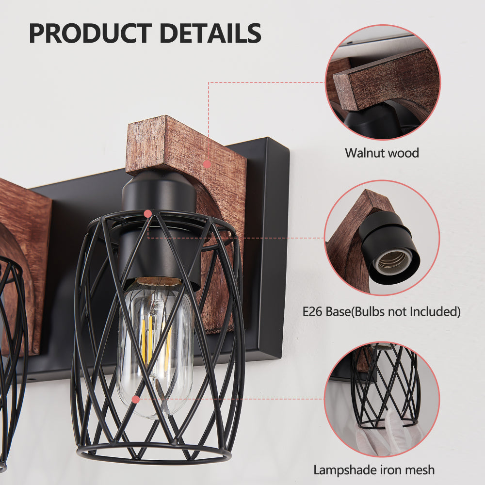 Industrial Black Cage Wall Sconce with Wood Accents | 3/4/5/6/7-Light Vintage Fixture for Bathroom, Hallway & Living Room