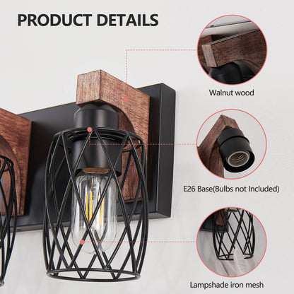 Industrial Black Cage Wall Sconce with Wood Accents | 3/4/5/6/7-Light Vintage Fixture for Bathroom, Hallway & Living Room