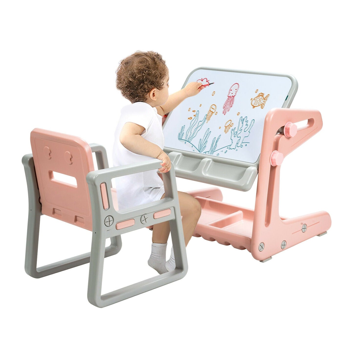 2 in 1 Kids Easel Table and Chair Set with Adjustable Art Painting Board