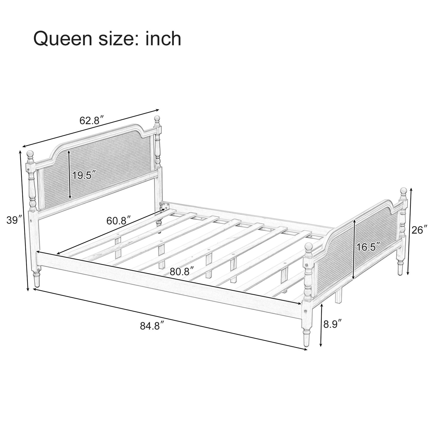 Traditional Style Rattan Bed Frame, No Box Spring Needed