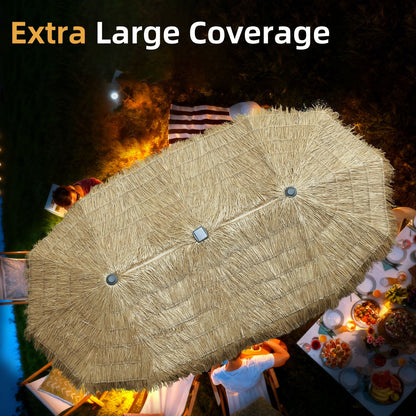 Ainfox 13ft Large Thatched Tiki Patio Umbrella with Solar LED Lights, Outdoor Heavy-Duty Double-Sided Rectangle Market Umbrella for Garden, Deck, Backyard, Pool, Beach