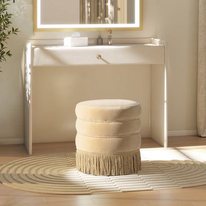 Edward 17.5" Round Upholstered Ottoman with Bullion Fringe Fawn