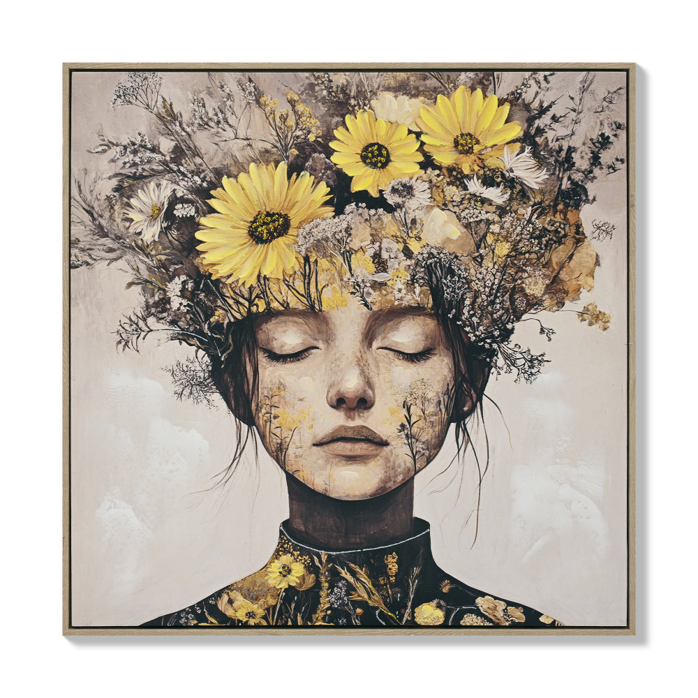 Floral Beauty Lady Canvas Wall Art | Gold & White Framed Print for Bedroom & Living Room — 24×24 Inch