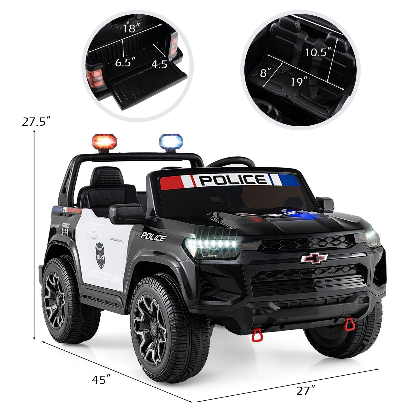 24V 2-Seater Ride on Police Car 4WD Chevrolet with Megaphone and LED Flashing Lights-Black