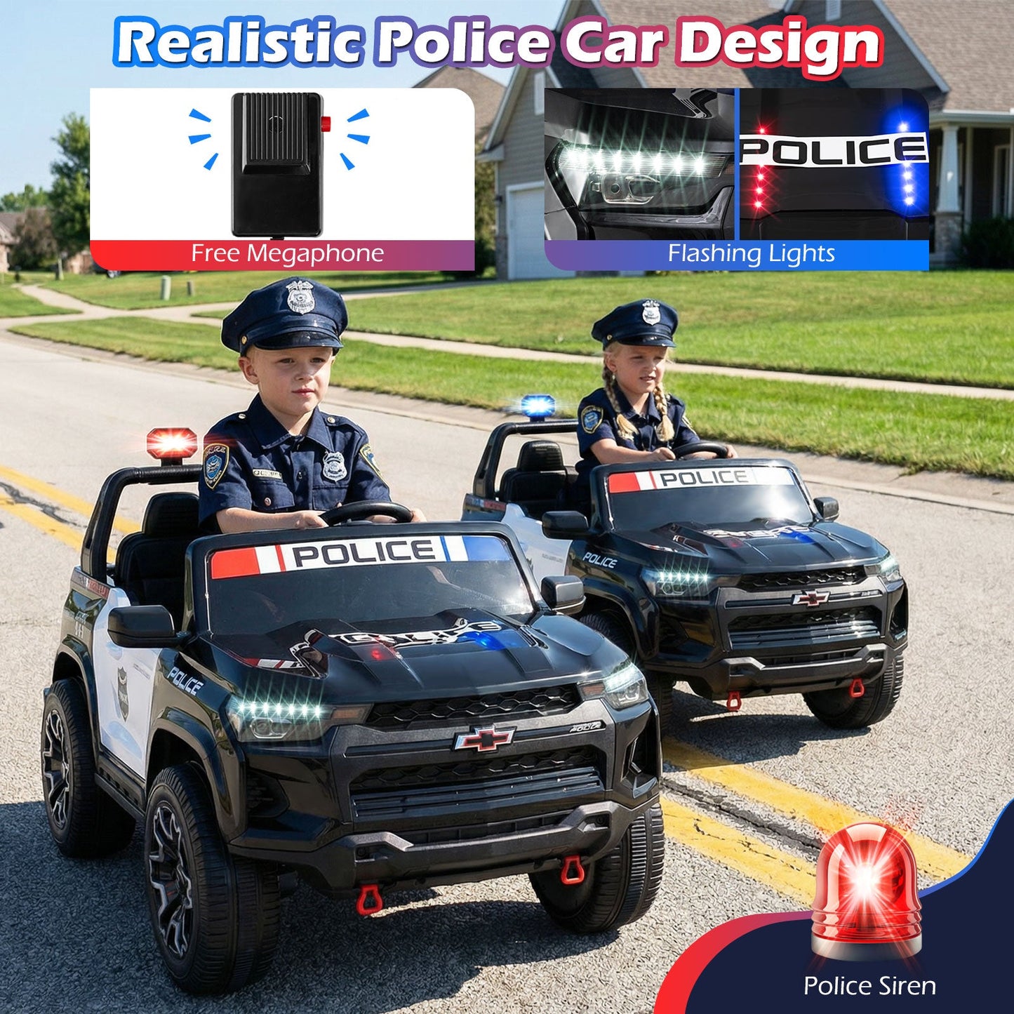 24V 2-Seater Ride on Police Car 4WD Chevrolet with Megaphone and LED Flashing Lights-Black