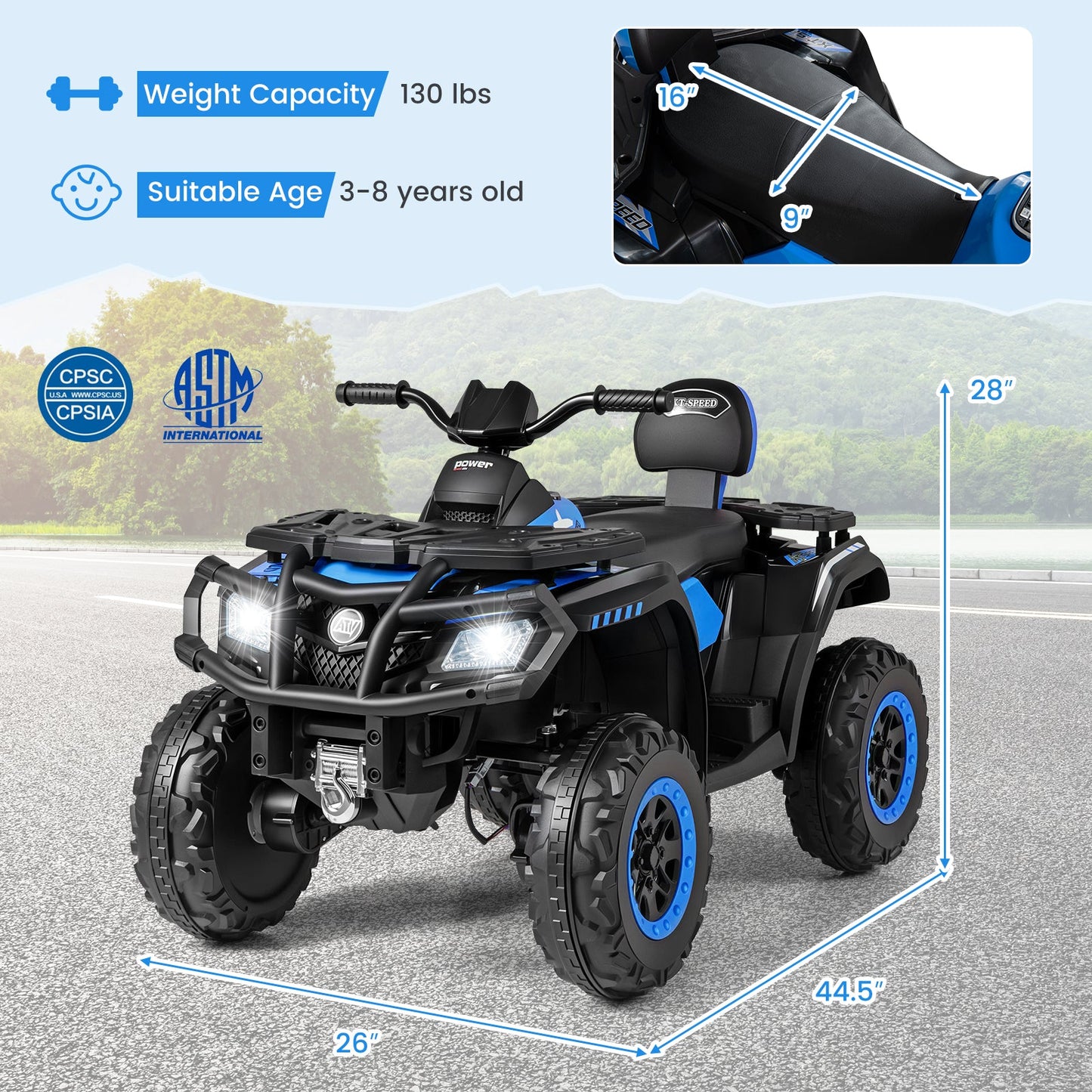 24V Kids ATV 2-Seater with 4 Motors with LED Lights and Music