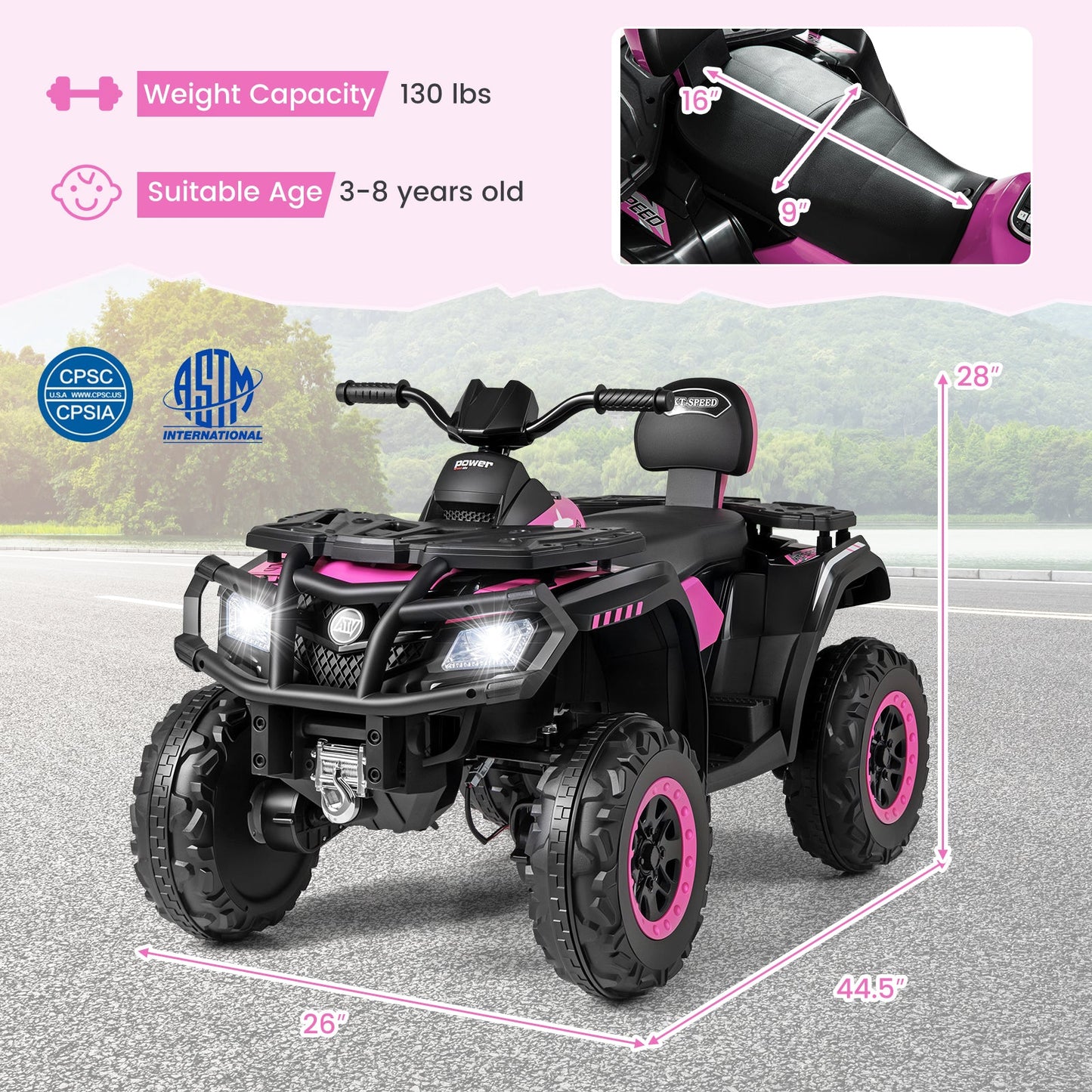 24V Kids ATV 2-Seater with 4 Motors with LED Lights and Music