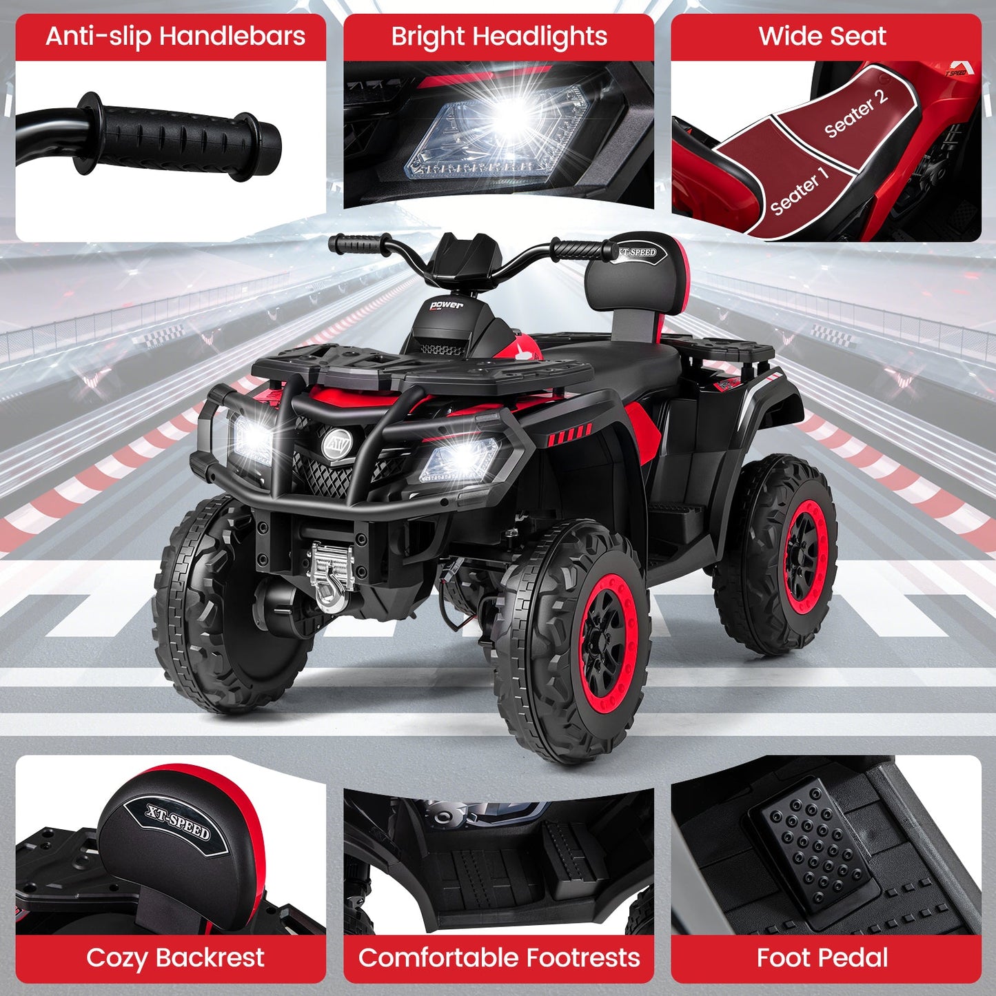24V Kids ATV 2-Seater with 4 Motors with LED Lights and Music