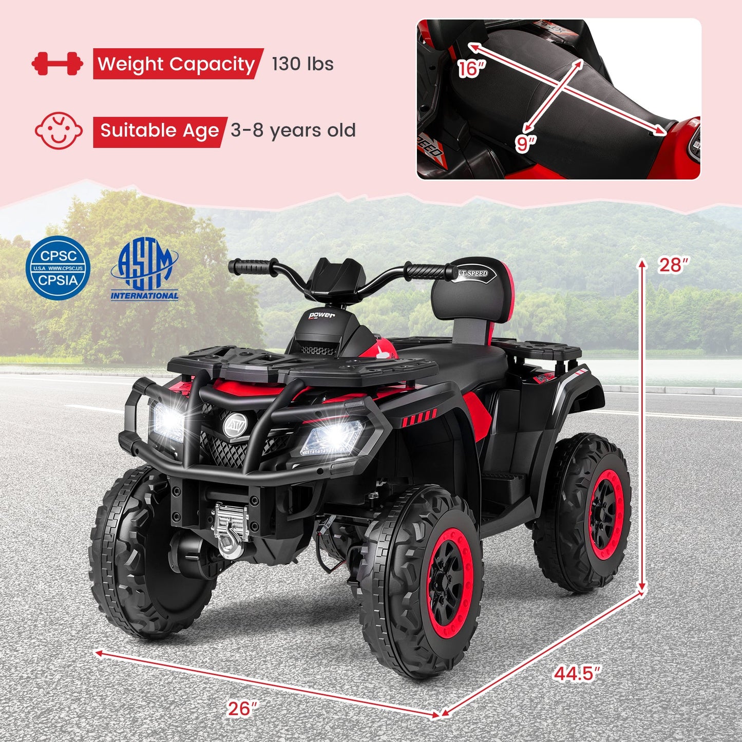 24V Kids ATV 2-Seater with 4 Motors with LED Lights and Music