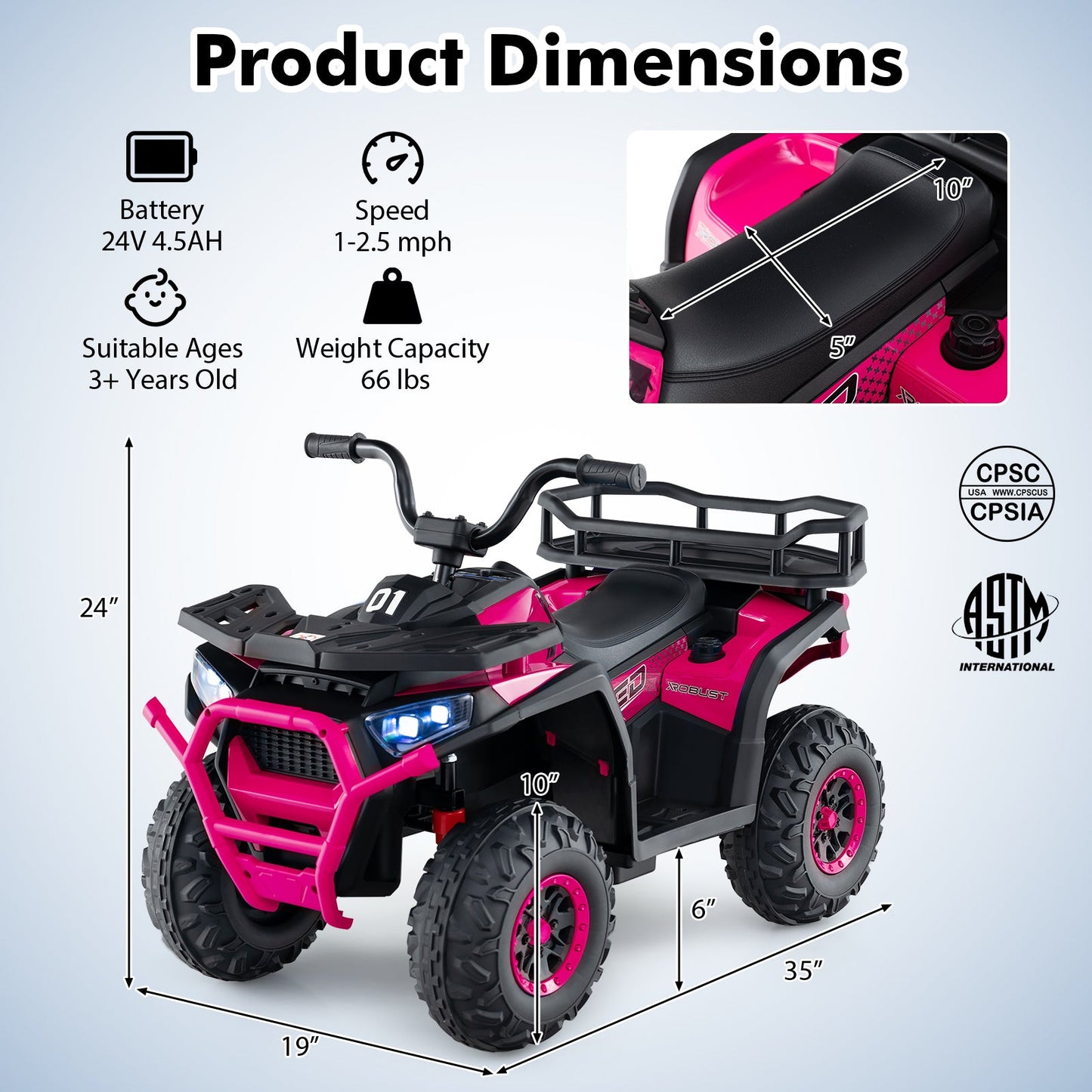 24V Kids Ride on Electric ATV Quad Car with Realistic Sounds and LED Lights