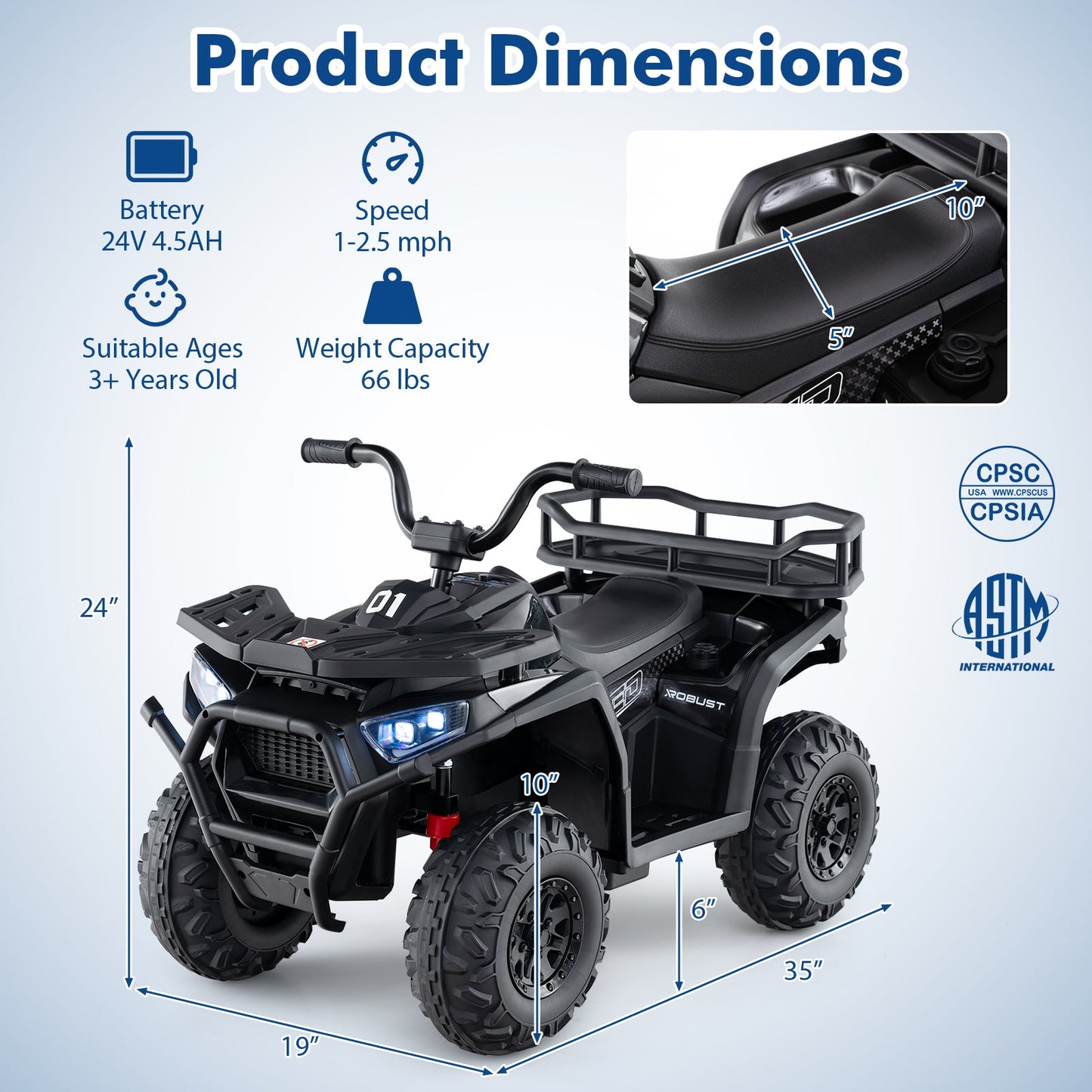 24V Kids Ride on Electric ATV Quad Car with Realistic Sounds and LED Lights