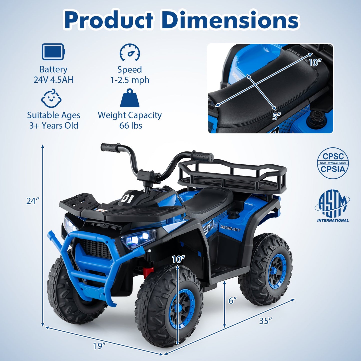 24V Kids Ride on Electric ATV Quad Car with Realistic Sounds and LED Lights