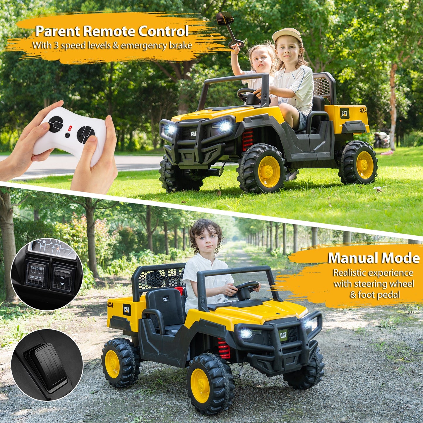 24V Ride On Dump Truck Licensed Caterpillar 2-Seater Kids Car with Remote Control-Yellow