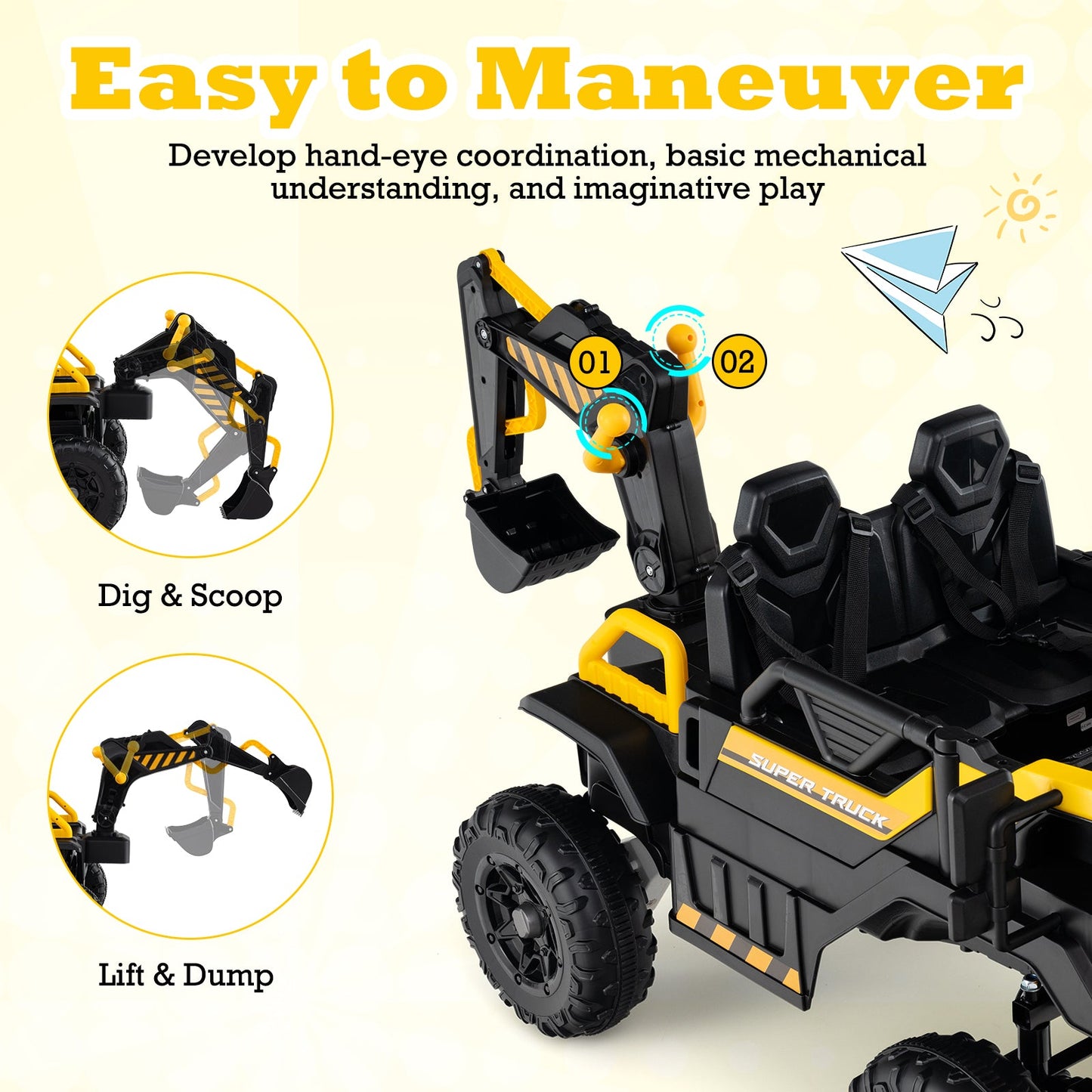 24V Ride On Excavator 4WD 2-Seater with Remote Control and Digging Arm-Yellow