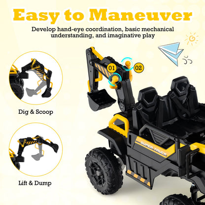 24V Ride On Excavator 4WD 2-Seater with Remote Control and Digging Arm-Yellow
