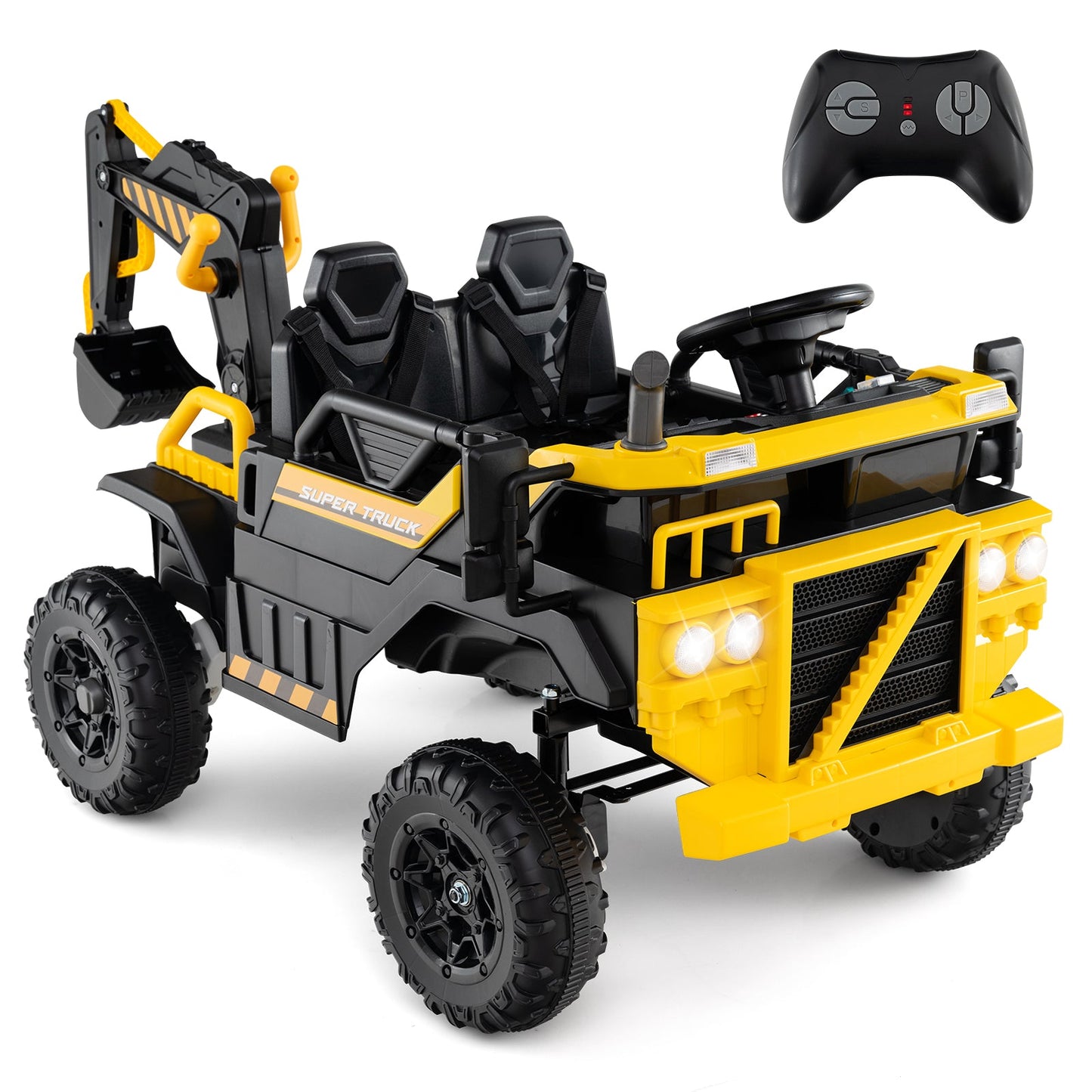 24V Ride On Excavator 4WD 2-Seater with Remote Control and Digging Arm-Yellow