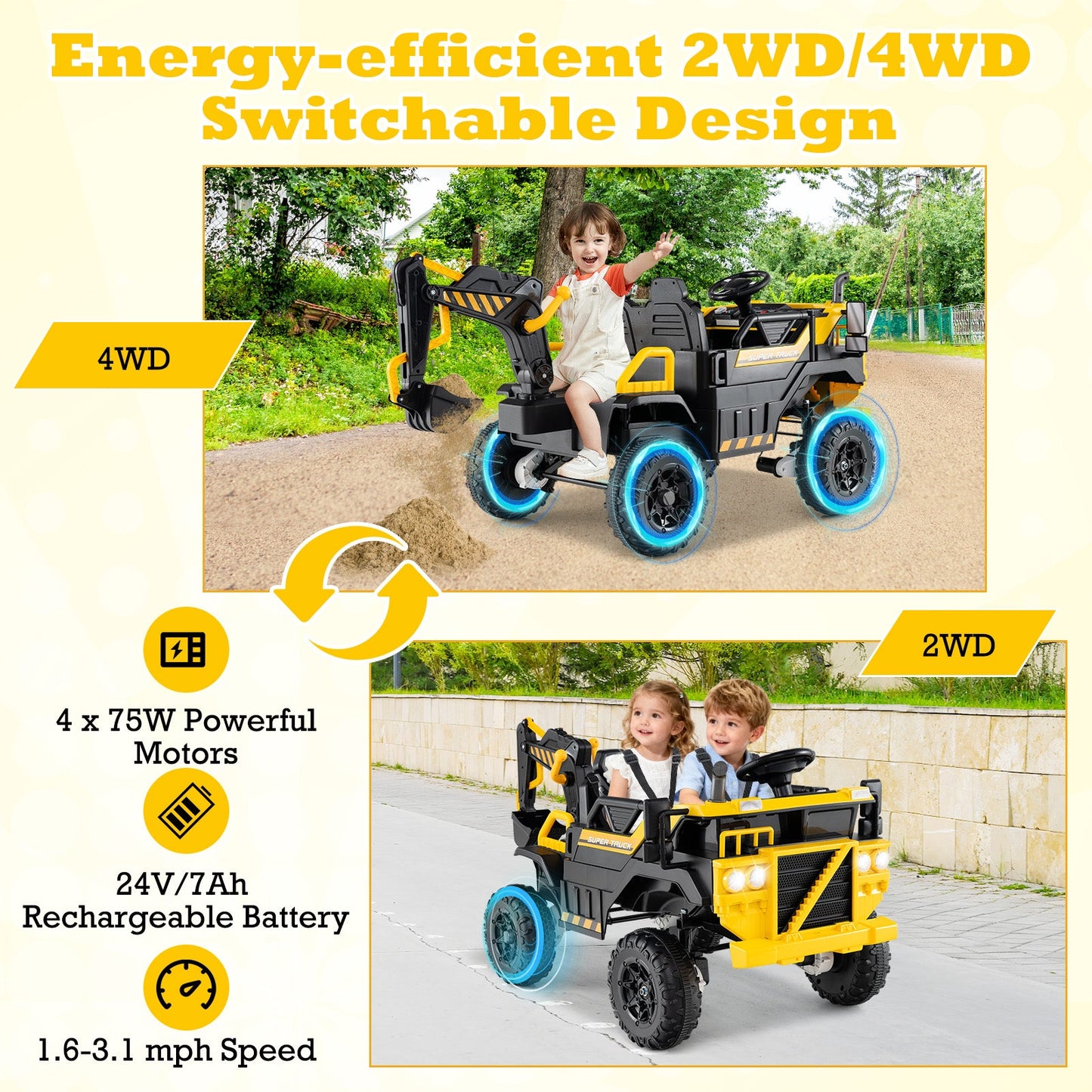 24V Ride On Excavator 4WD 2-Seater with Remote Control and Digging Arm-Yellow