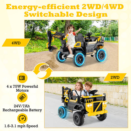 24V Ride On Excavator 4WD 2-Seater with Remote Control and Digging Arm-Yellow