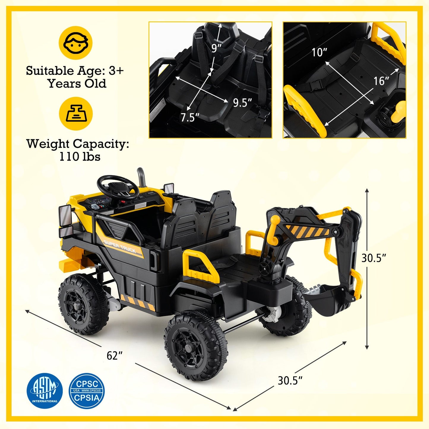 24V Ride On Excavator 4WD 2-Seater with Remote Control and Digging Arm-Yellow