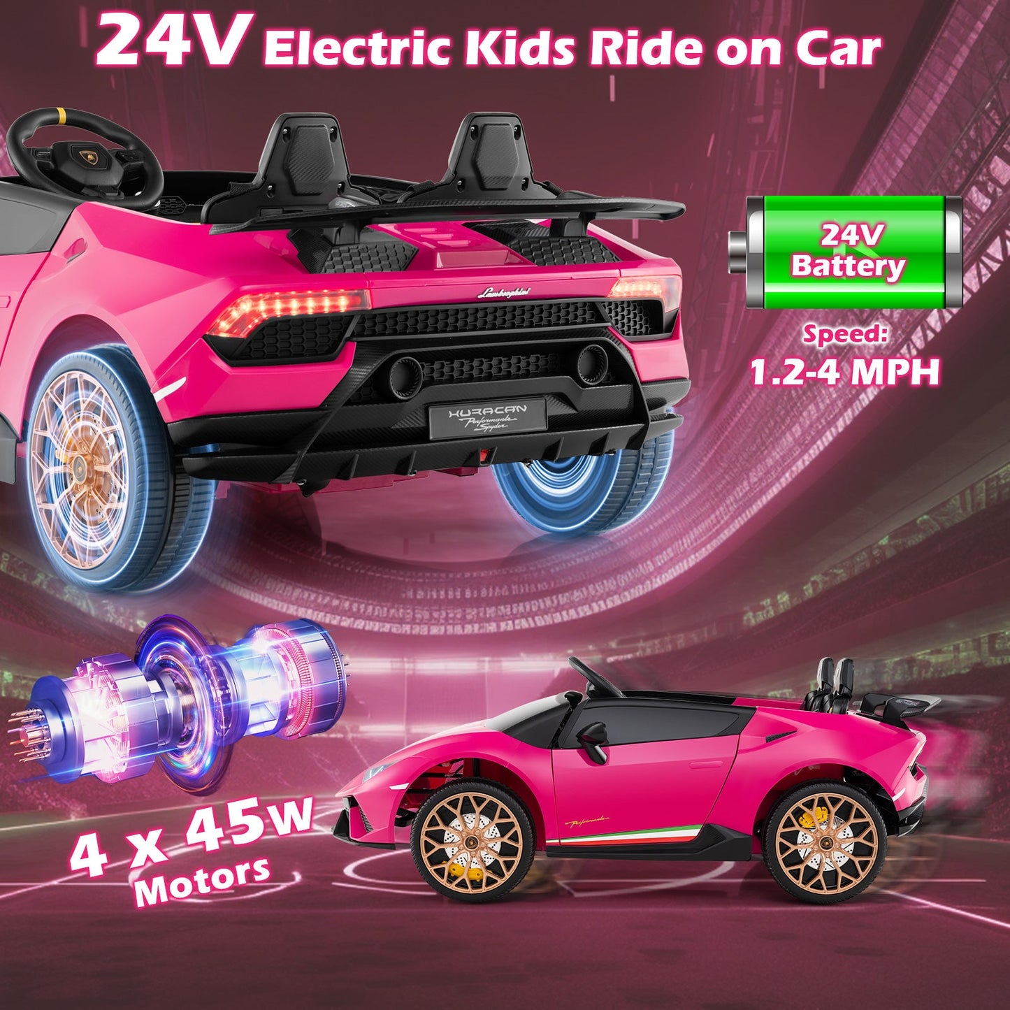 24V Ride-on Car for Kids 4WD 2-Seater Licensed Lamborghini Electric Vehicles with Music