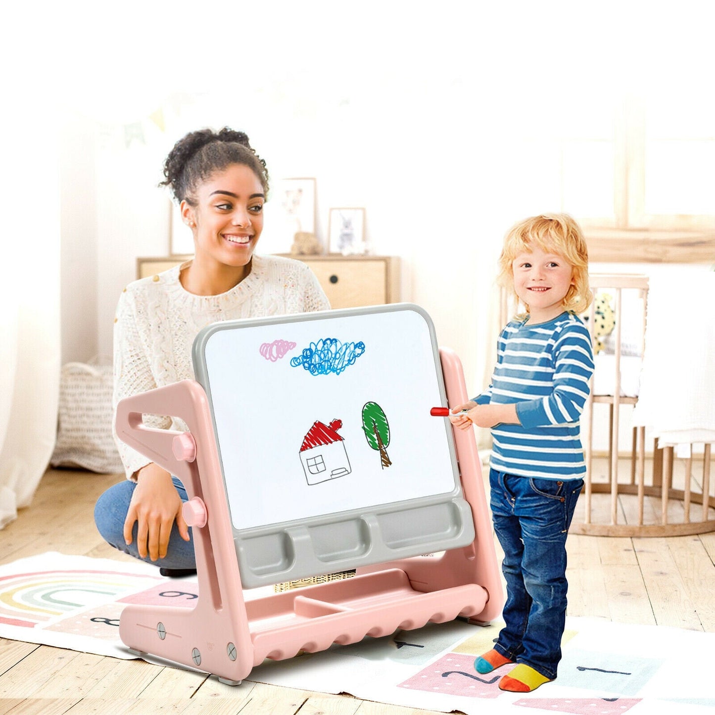 2 in 1 Kids Easel Table and Chair Set with Adjustable Art Painting Board