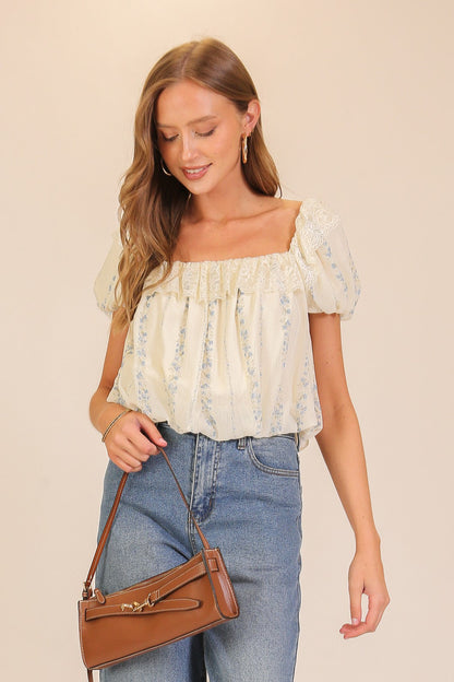 Lace Trim Floral Puff Sleeve Blouse