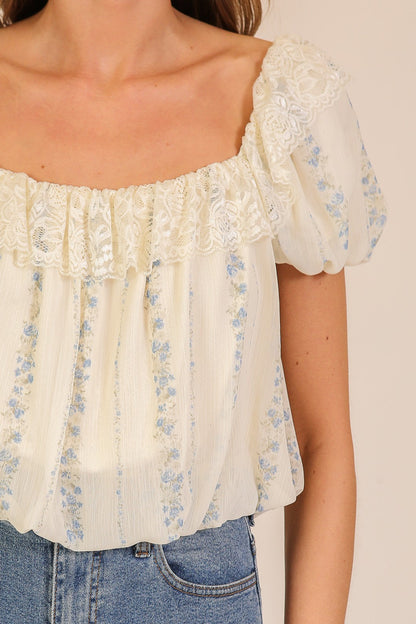 Lace Trim Floral Puff Sleeve Blouse