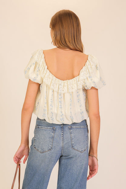 Lace Trim Floral Puff Sleeve Blouse
