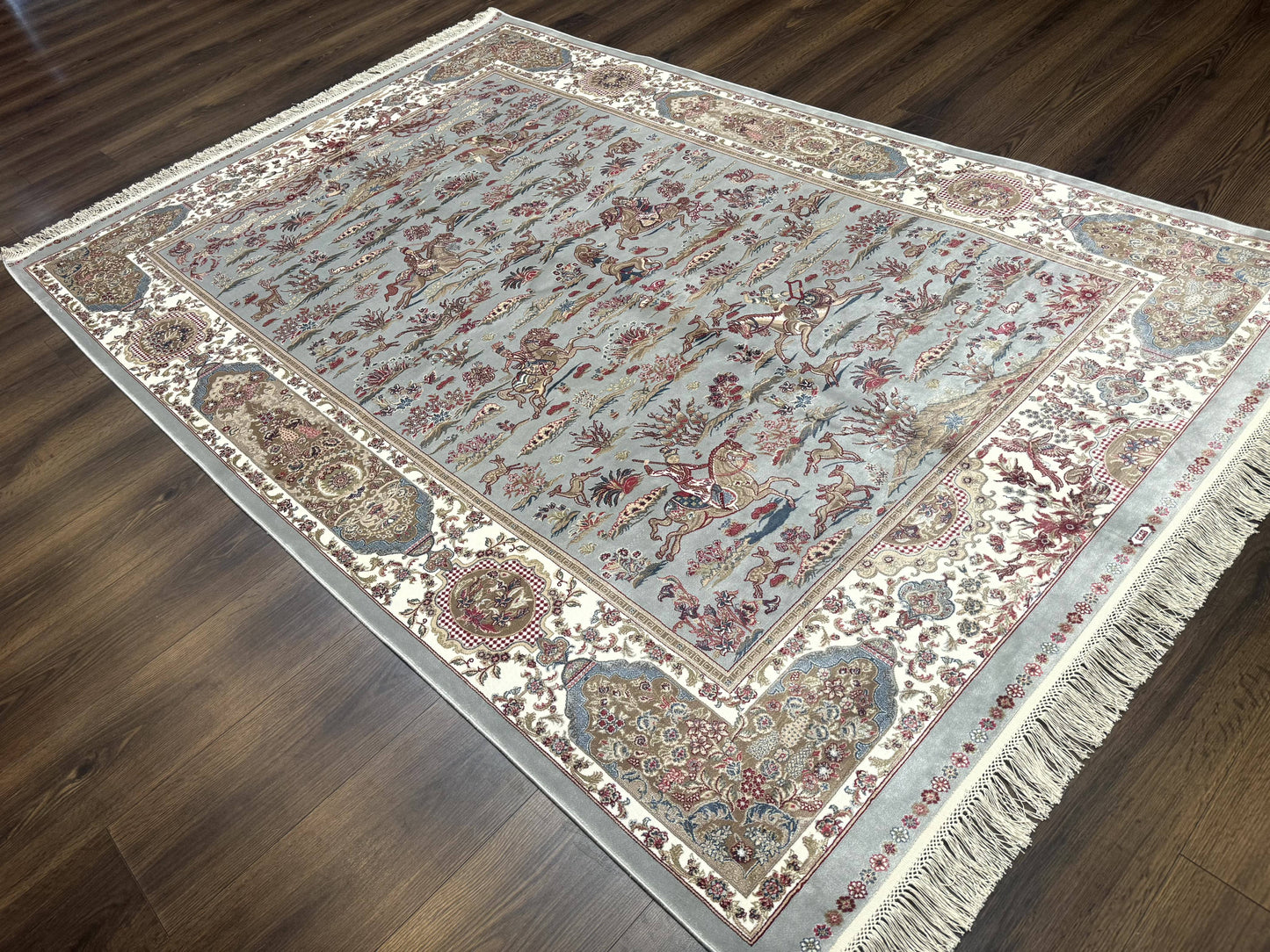 Turkish Silk Rug 5x7, Hunting Design, Animal Pictorials, Bamboo Silk